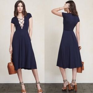REFORMATION Navy Sandy Lace Up Midi‎ Dress Size L